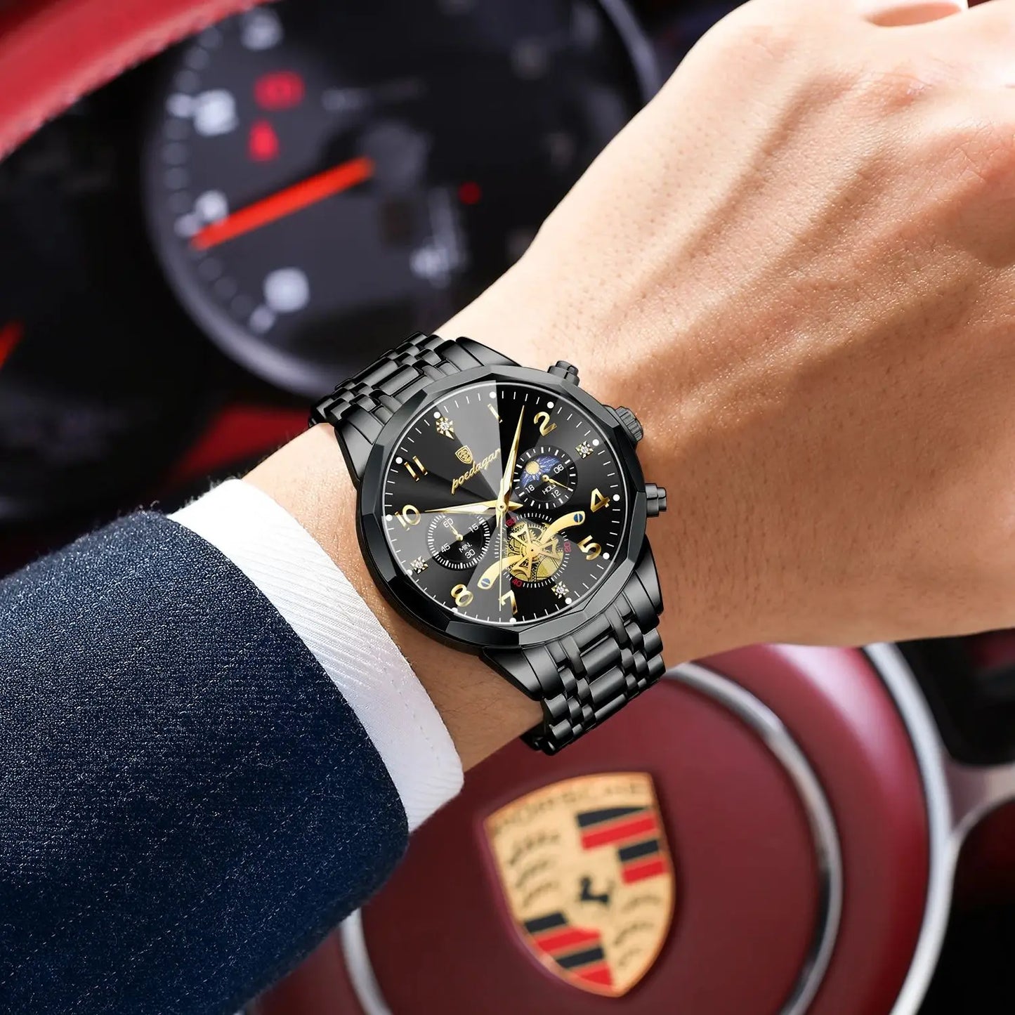 POEDAGAR Luxury High Quality Man Wristwatch Chronograph Stainless Steel Quartz Men's Watches Waterproof Luminous Men Clock Reloj