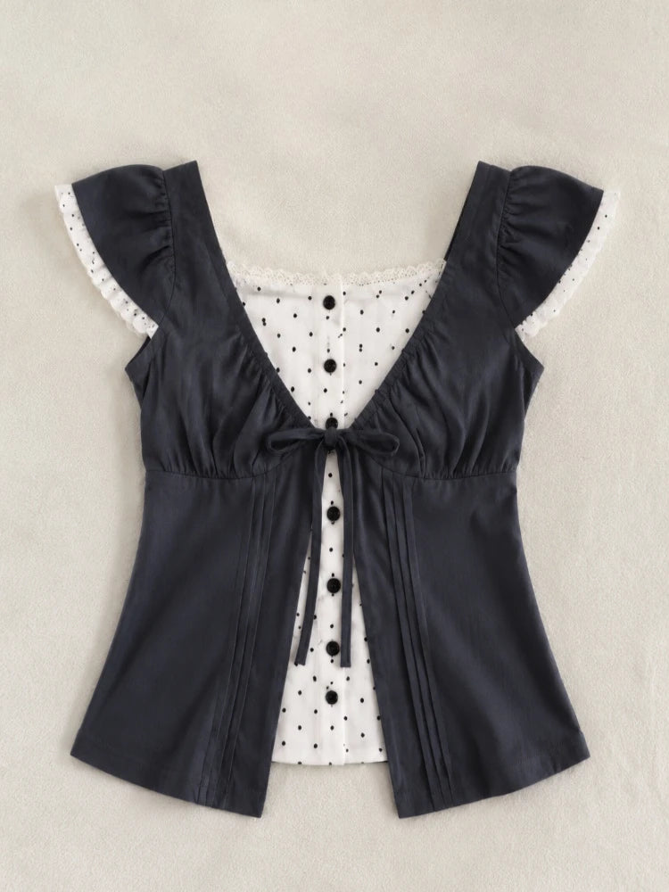 Kawaii Lolita Fake Two Piece Shirts Women Slim Elegant Lace Bow Tees Japanese Harajuku Y2K Sweet Cute Blouse Street Daily Outfit