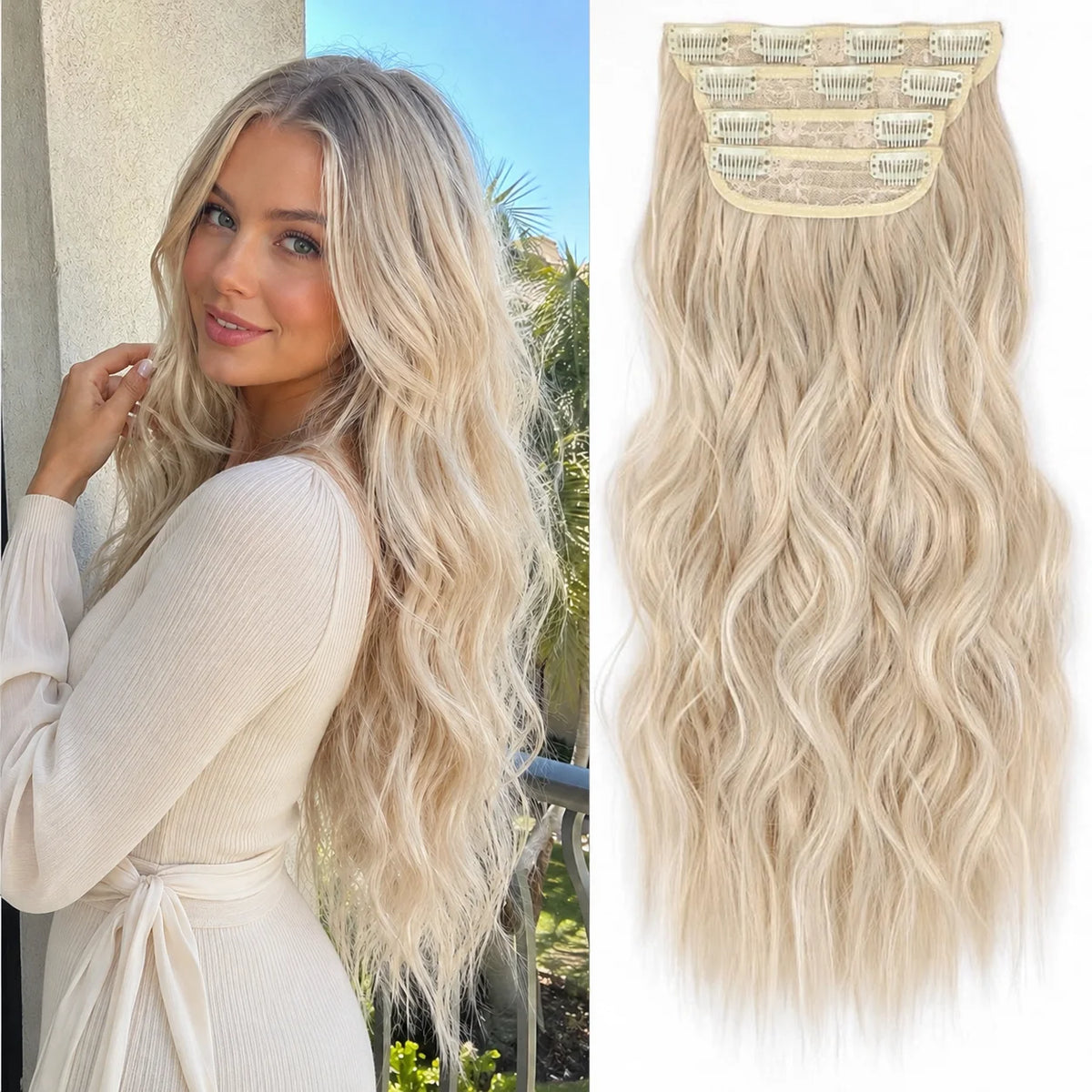 4Pcs/Set 20Inch Synthetic Hair Clip In Long Wavy Thick Hairpieces For Women Full Head Synthetic Hair Extensions Ombre Hairpieces