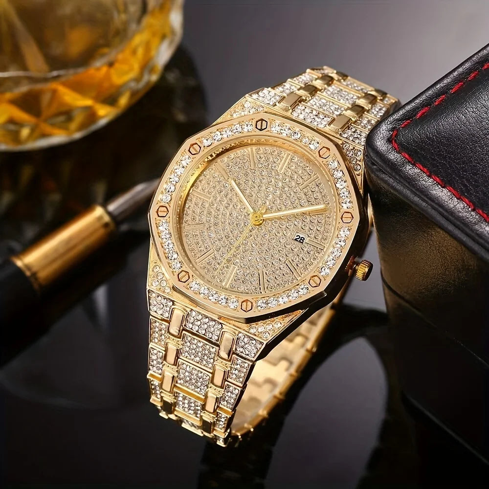 Fashion Luxury Hip Hop Diamond Style Square Men's Watch Shiny Crystal Stainless Steel Quartz Sports Men's Watch