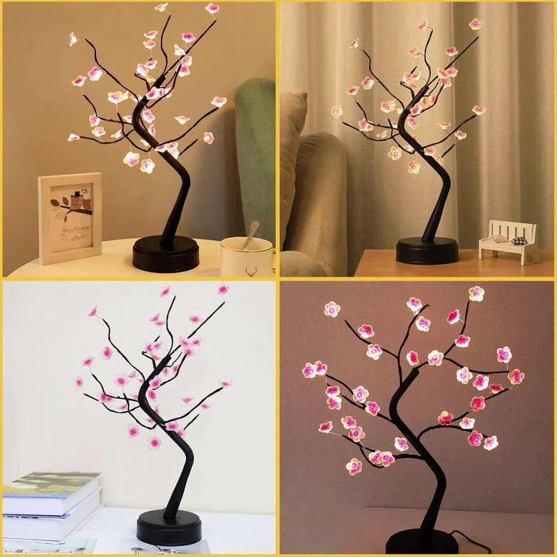 Table Tree Night Light USB/Battery Powered Touch Switch Artificial Bonsai Cherry Blossom Desktop Tree LED Lamp Light Decoration