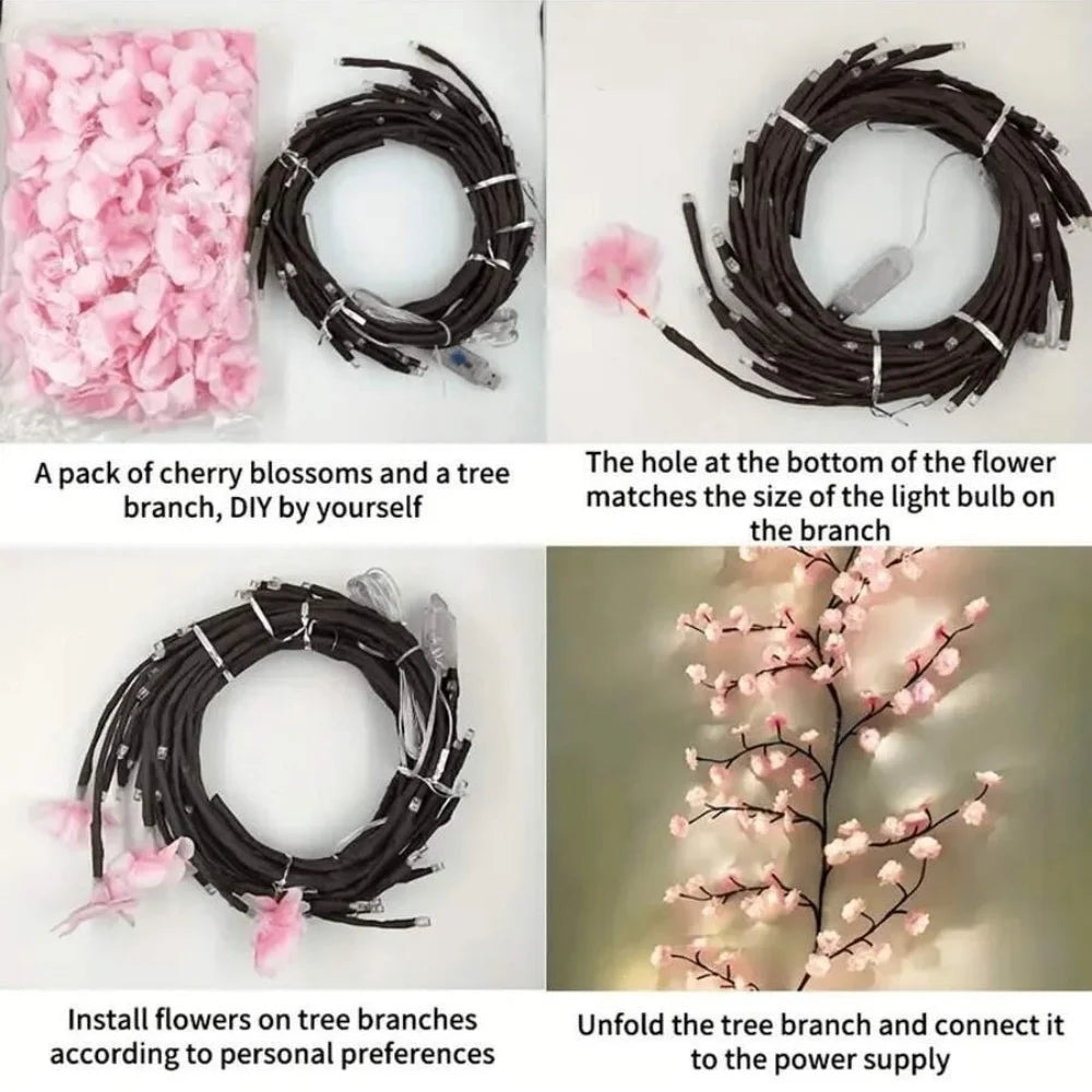 72/96/144LED Artificial Cherry Blossom Branch LED Lights, USB Powered Pink Flower Fairy Lights for Bedroom Aesthetic Decor