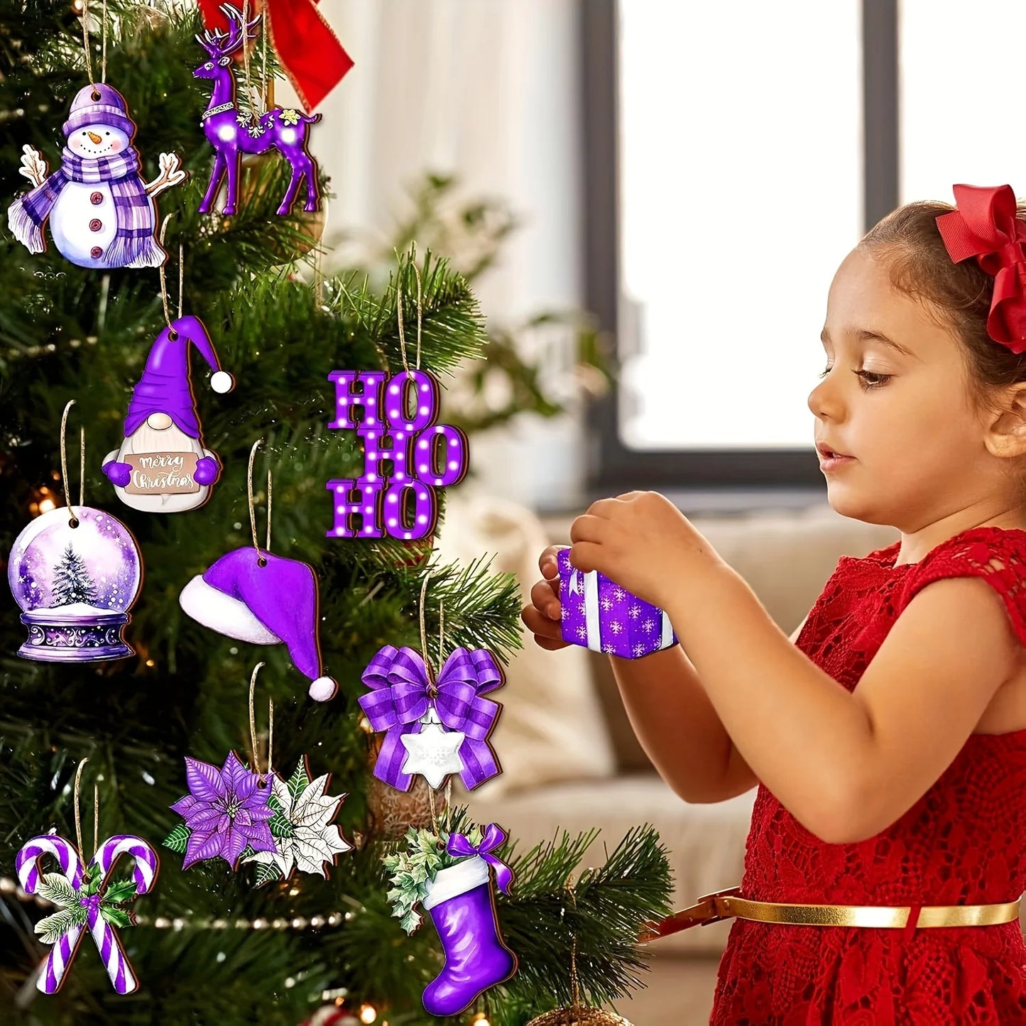 12-Piece Wooden Christmas Ornament Set - Glossy Deep Purple and Light Purple Hanging Decorations