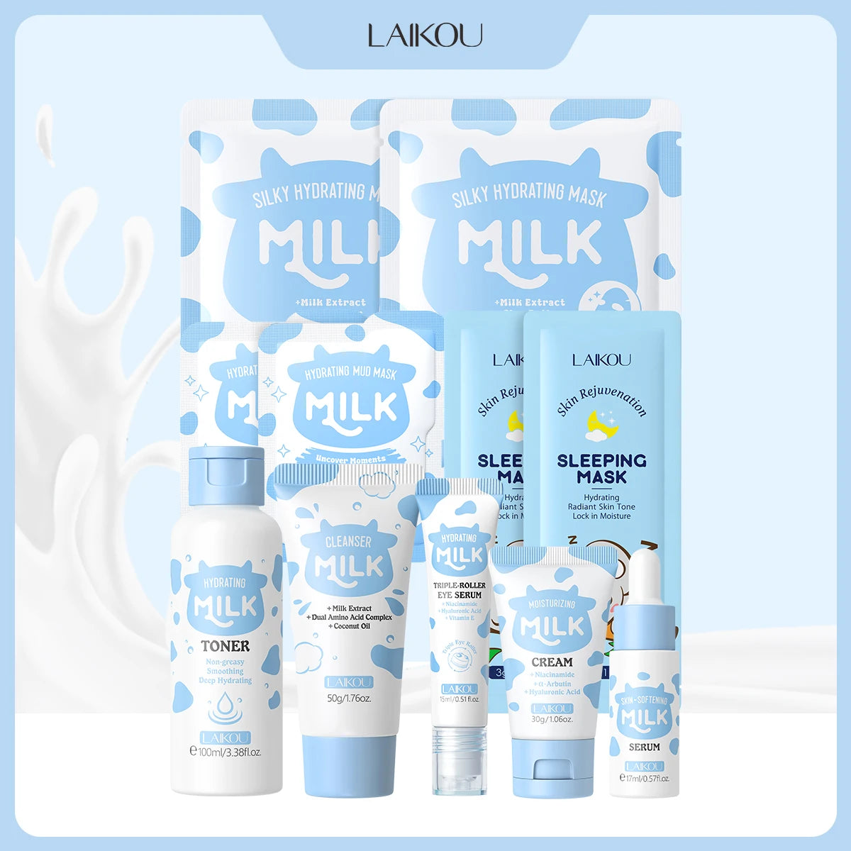 LAIKOU 8Pcs Milk Full Facial Skin Care Set - Cleanser Toner Serum Eye Serum Mud Mask Sheet Mask Moisturizing Cream Sleeping Mask