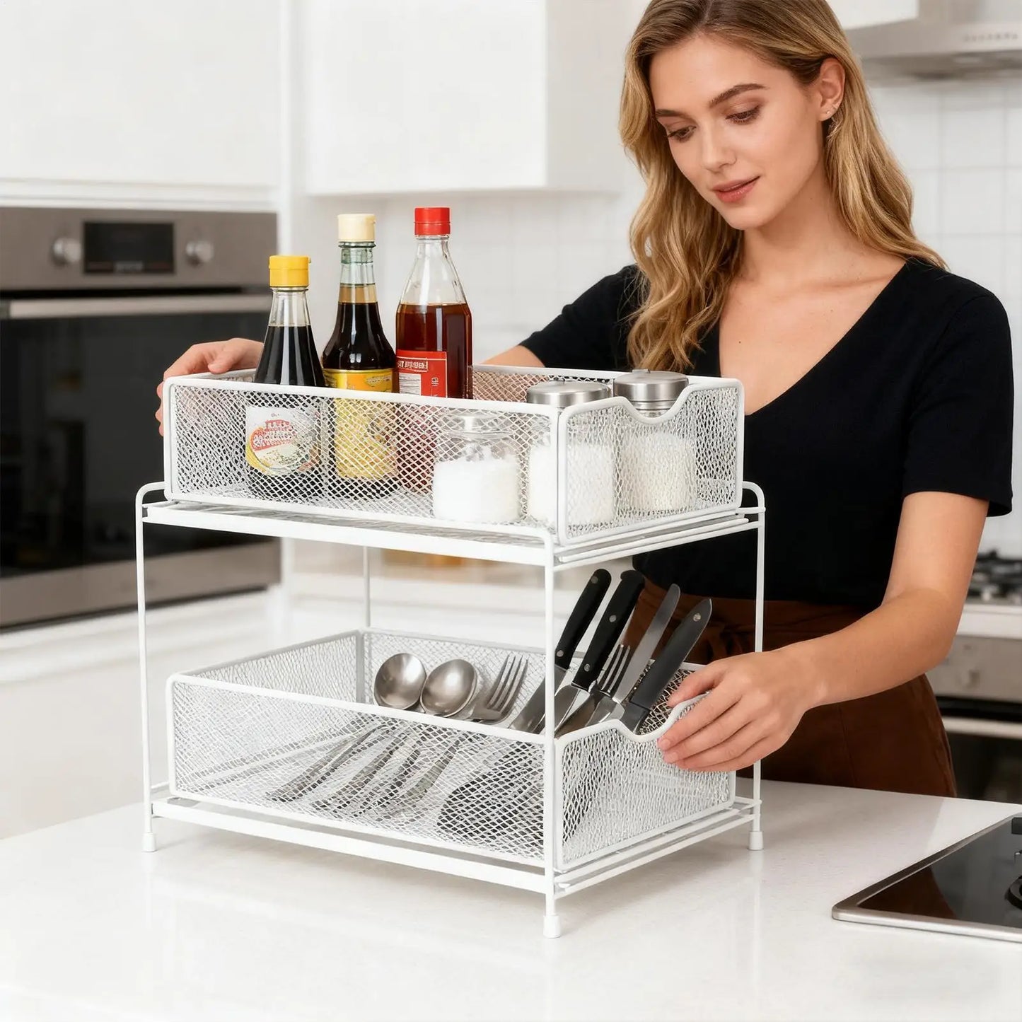 Under Sink Organizer and Storage Kitchen Organization Rack with Sliding Cabinet Drawers Multi-Purpose Storage Shelf Holder