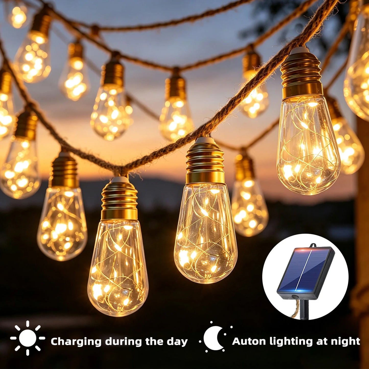 Outdoor solar light string, 10/25 bulb hanging retro hemp rope light string, light source sensing on/off, 12 modes transparent bulb garden string lights, suitable for courtyard, fence, eaves, terrace, wedding decoration, Chri