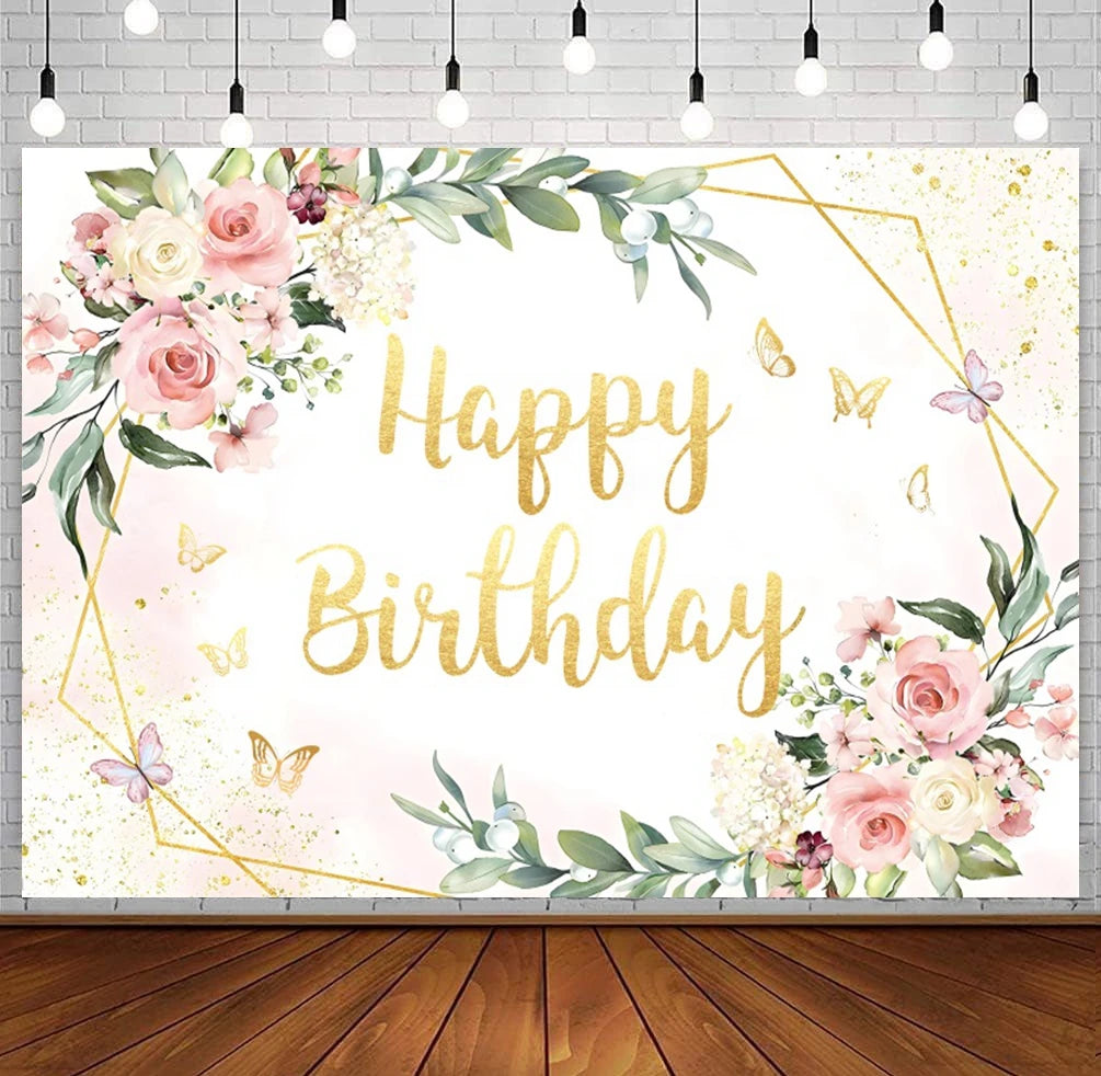 Happy Birthday Backdrop Gold Frame Frame Flower Butterfly Baby Shower Adult Anniversary Birthday Party Photography Background