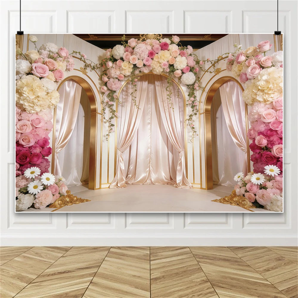 Pink Floral Wedding Backdrop Rose Arch Satin Drapery Photography Background for Bridal Shower Ceremony Photo Booth Decor
