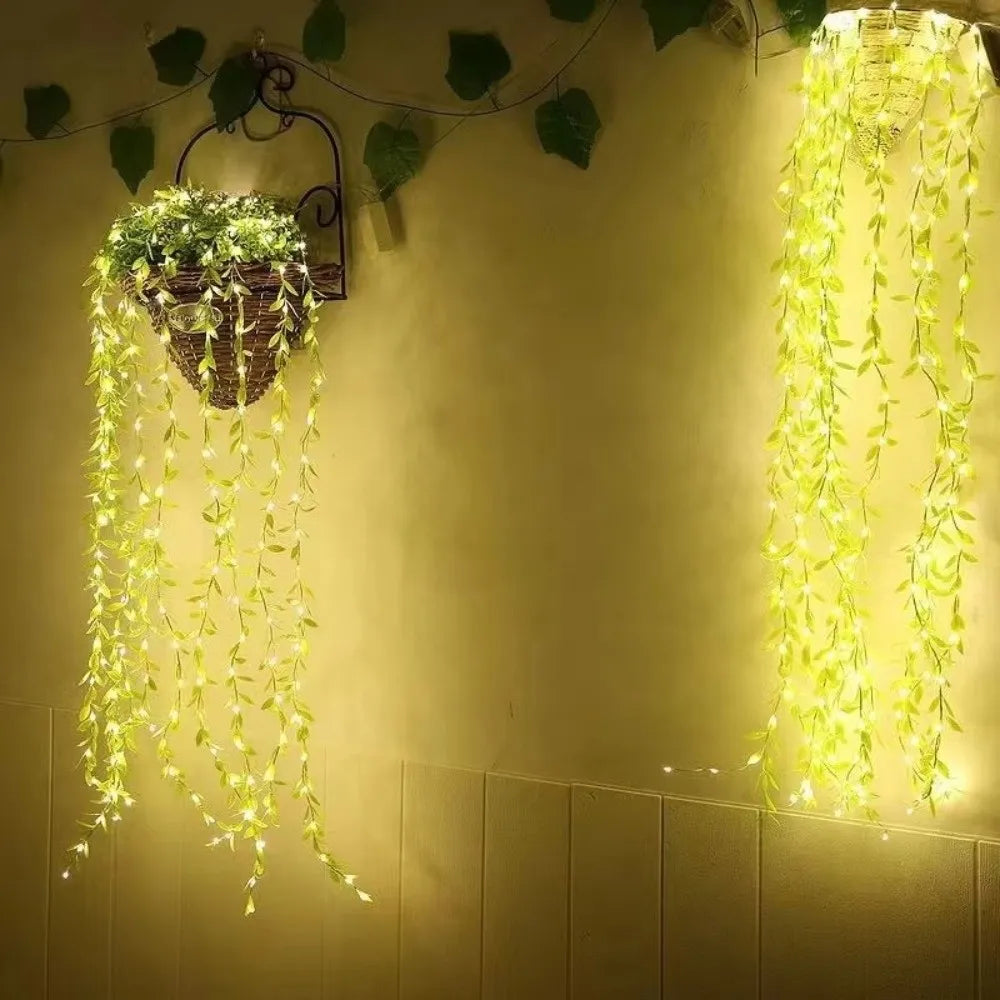 2/5M 20Light Willow Leaf String Lights Always on Battery Box Willow Curtain Lamp Artificial Flowers Desktop Decoration