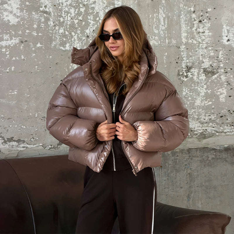 Women's Glossy Shiny Hooded Zip Cropped Puffer Jacket Oversized Loose Fit Long Sleeve Elastic Cuff Padded Warm Casual Winter Top