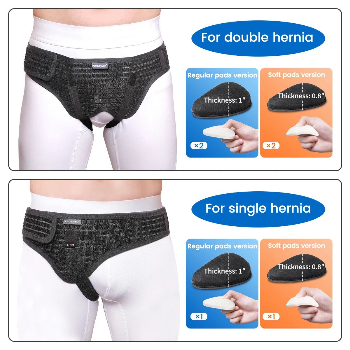 VELPEAU Hernia Belt with 2 Compression Pads, Adjustable Hernia Truss Support for Single/Double Inguinal for Men and Women