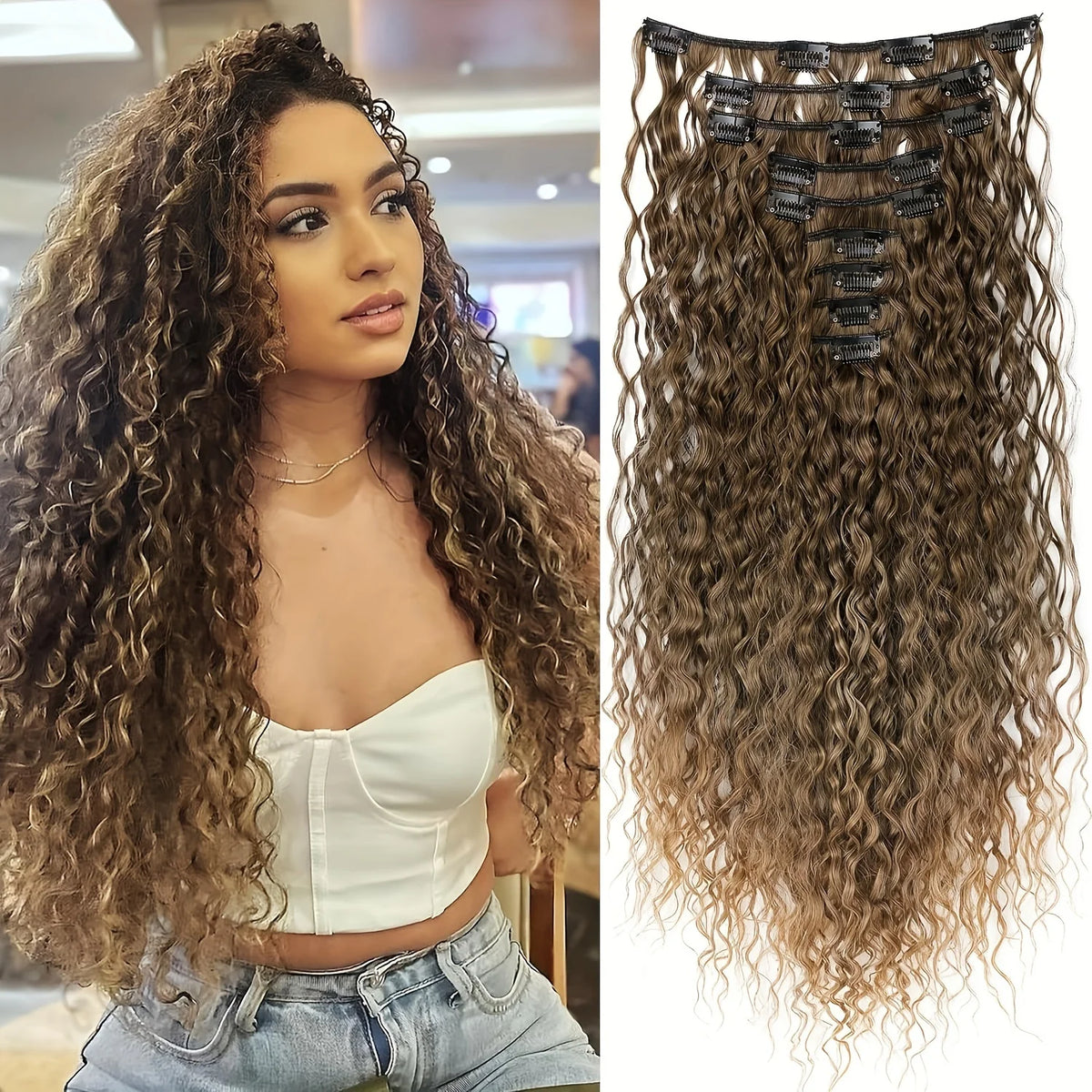 9PCS Clip in Hair Extensions 22 Inch Curly Hair Extension Long Soft Synthetic Hairpieces for Women