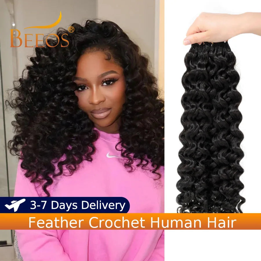 Loose Curly Crochet Human Hair Feather Miracle Knots Knotless Invisible Pre Looped 100% Human Hair Extensions Brazilian Hair