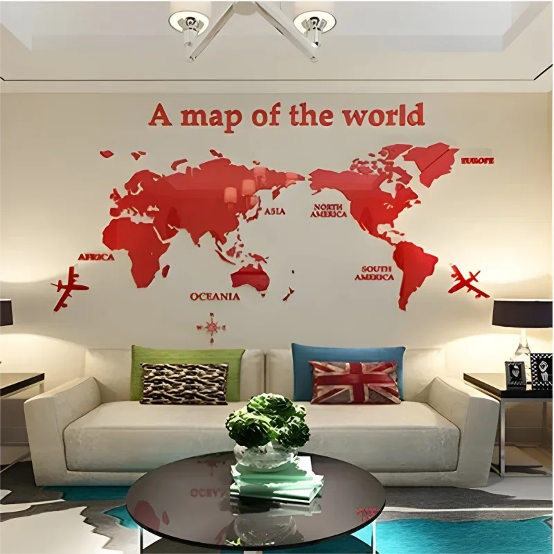 1Pc World Map Wall Stickers Acrylic Creative 3D TV backdrop Wallpaper Decoration Home Living Room Office Interior Decorative