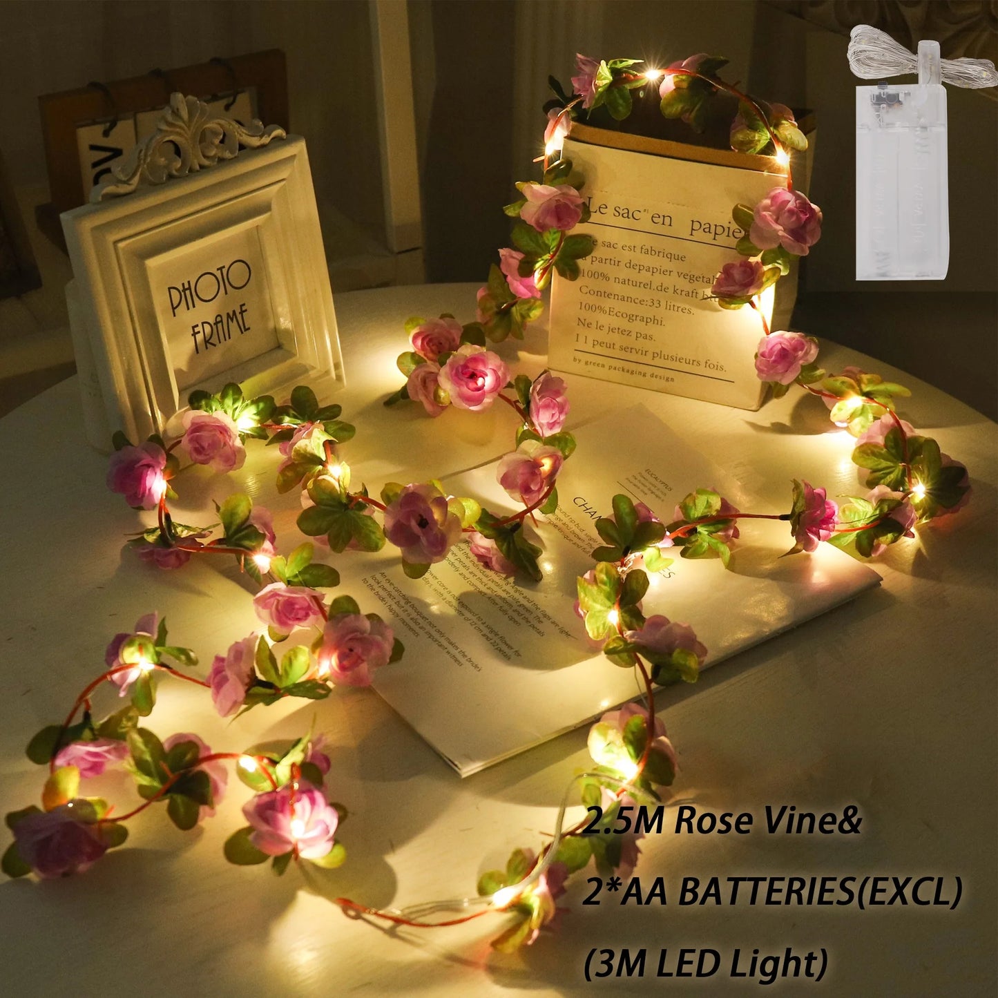 Rose LED Lights String Artificial Flowers Ivy Leaves Wedding Garland Home Room Decoration Arch Hanging Wall Garden Party Decor