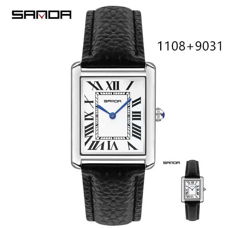 SANDA 9031/1108 Resistant Leather Strap Square Dial Waterproof Sport Casual Women Men Quartz Watches Reloj Luxury Couple Watch
