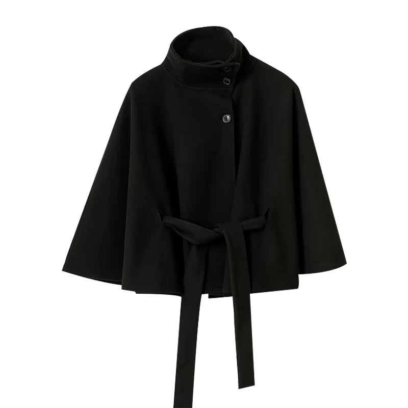 Faux Fur Cloak Jackets Women Loose Standneck Three Button Wide Sleeves Belt Coats Female 2026 Autumn Solid Chic Fashion Outwears
