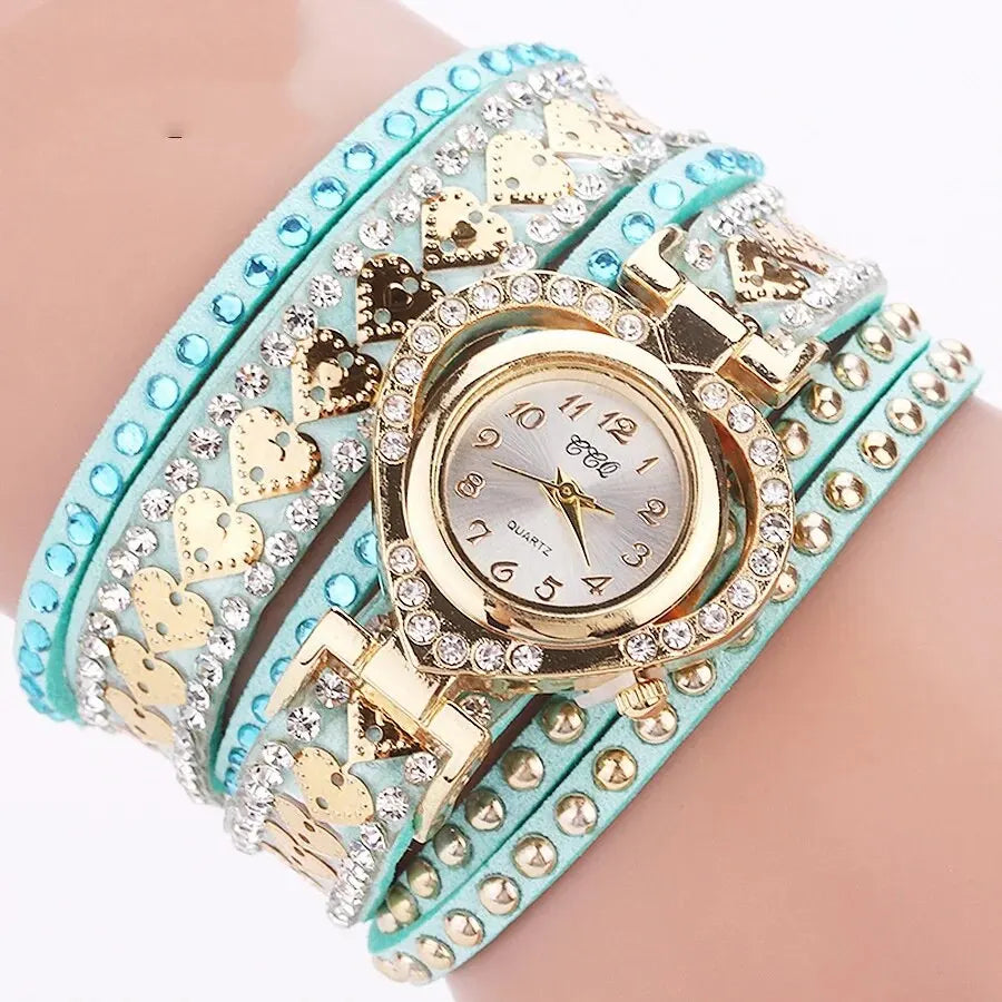 Luxury Women Heart Dial Shiny Design Quality Women Quartz Watch Fashion Rhinestone Bracelet Wrap Strap Women Watch Gifts
