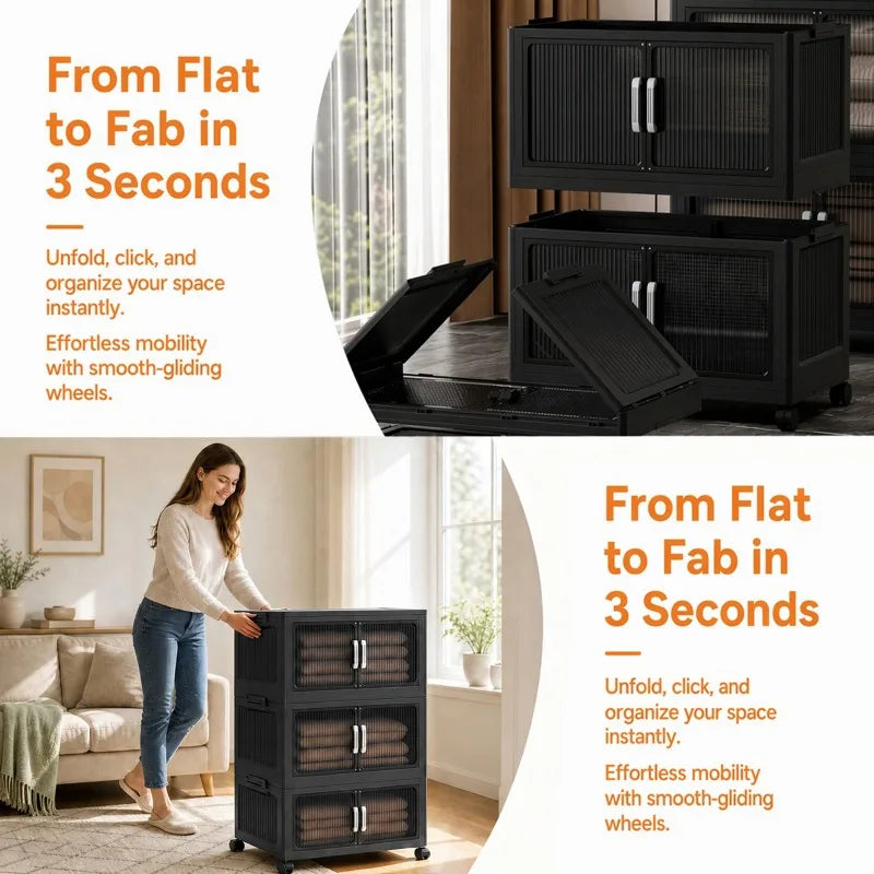 5‑Tier Stackable Plastic Storage Cabinet with Wheels, Foldable Storage Organizer with Transparent Flip‑Door, Multi‑Layer Portable Closet Organizer for Bedroom Living Room Home