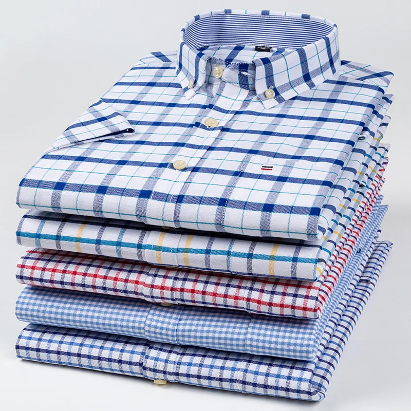 Plus Size 7XL Summer Short Sleeve Shirt 100%Cotton Shirts for Men White Plaid Striped Social Slim Fit Formal Business Clothing