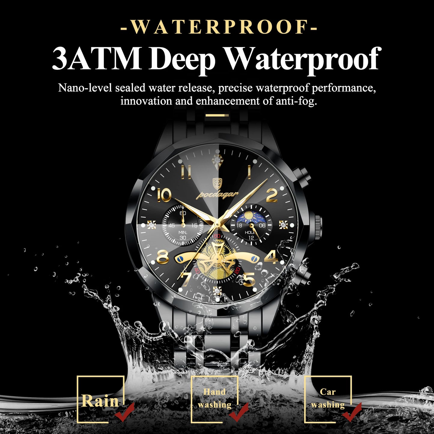POEDAGAR Luxury High Quality Man Wristwatch Chronograph Stainless Steel Quartz Men's Watches Waterproof Luminous Men Clock Reloj