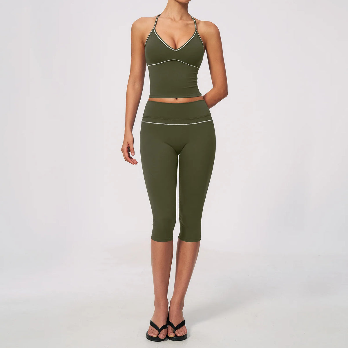 Women 2 Piece Yoga Set V Neck Crop Top and V Back Capri Leggings Butt Lifting Workout Gym Suit Contrast Piping Activewear Female