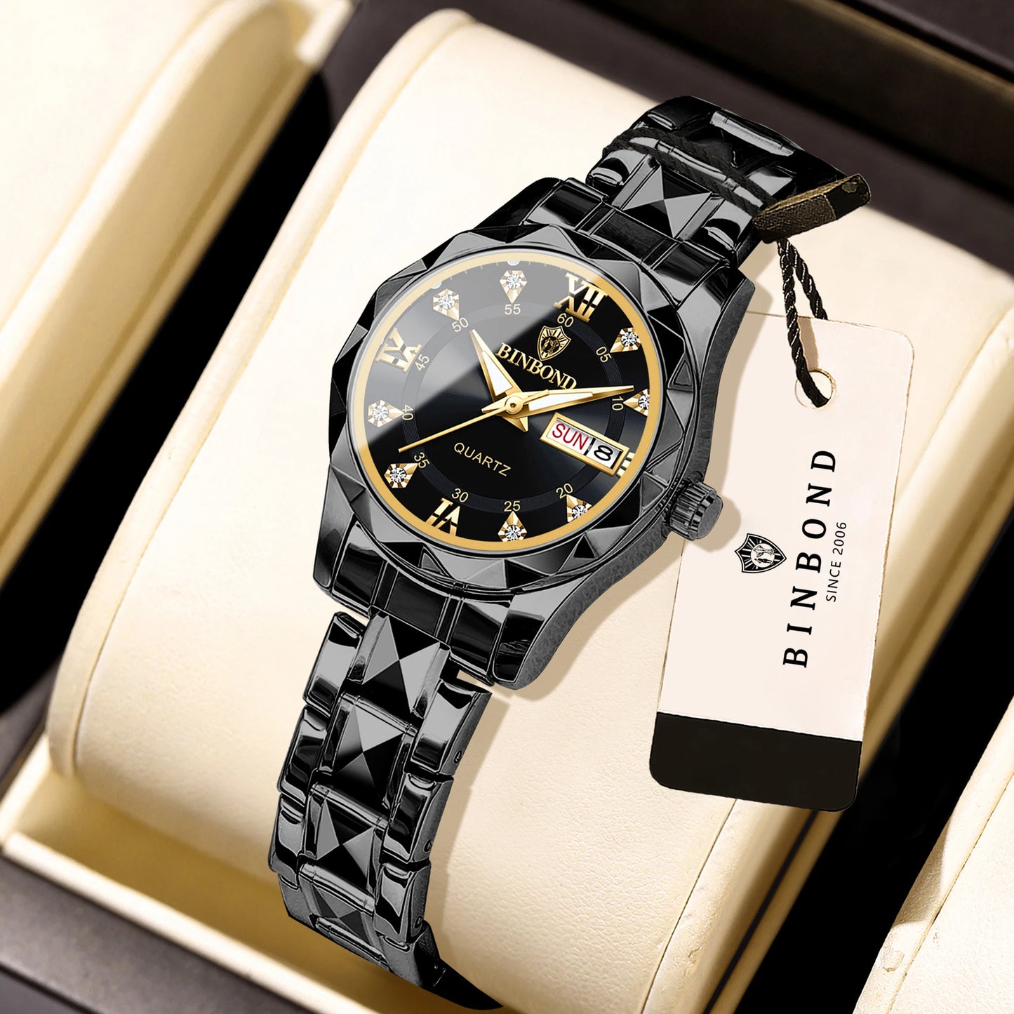 BINBOND Ladies Reloj Sturdy Quartz Watches For Women Luxury Luminous Waterproof Accurate Auto Date Week Display Women's Watch
