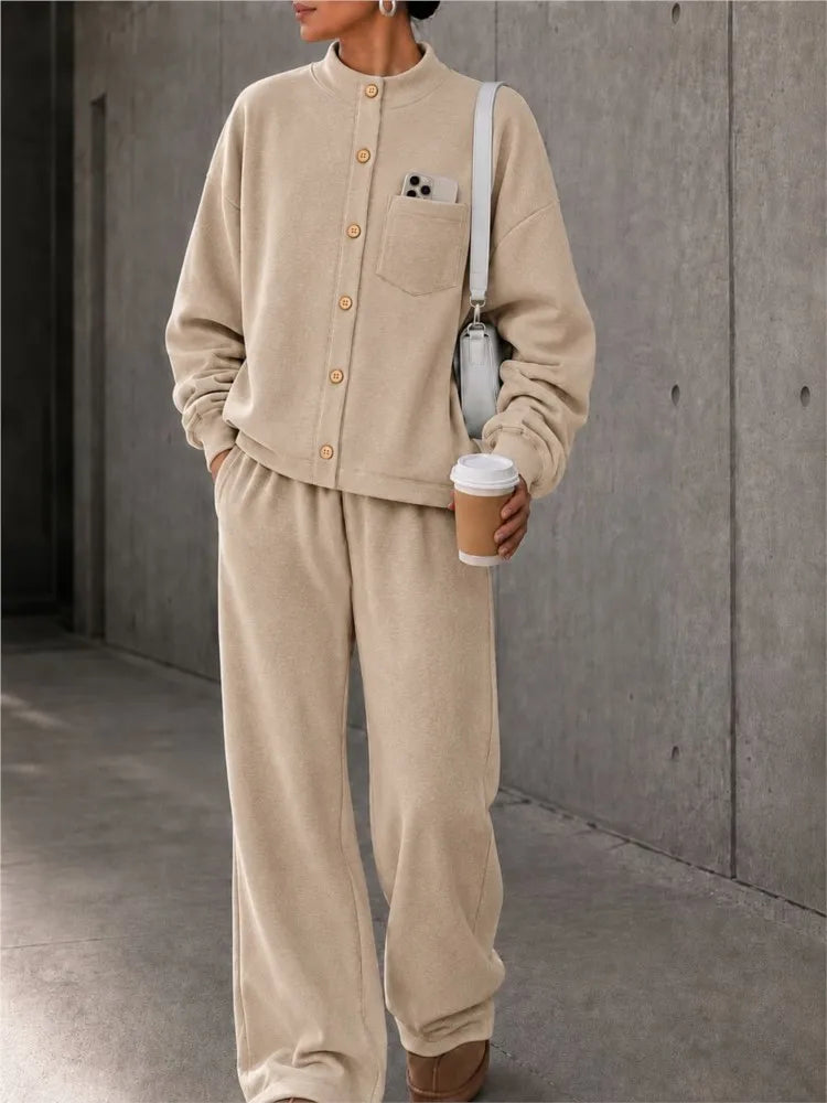 Autumn Women's Single-breasted Button-down Long-sleeved Cardigan Trousers 2-piece Set Casual Retro Wide-leg Trousers Female Suit