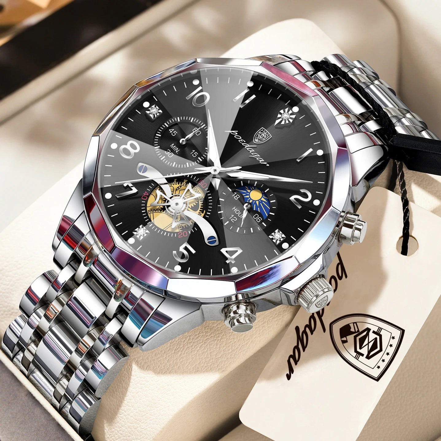 POEDAGAR Luxury High Quality Man Wristwatch Chronograph Stainless Steel Quartz Men's Watches Waterproof Luminous Men Clock Reloj