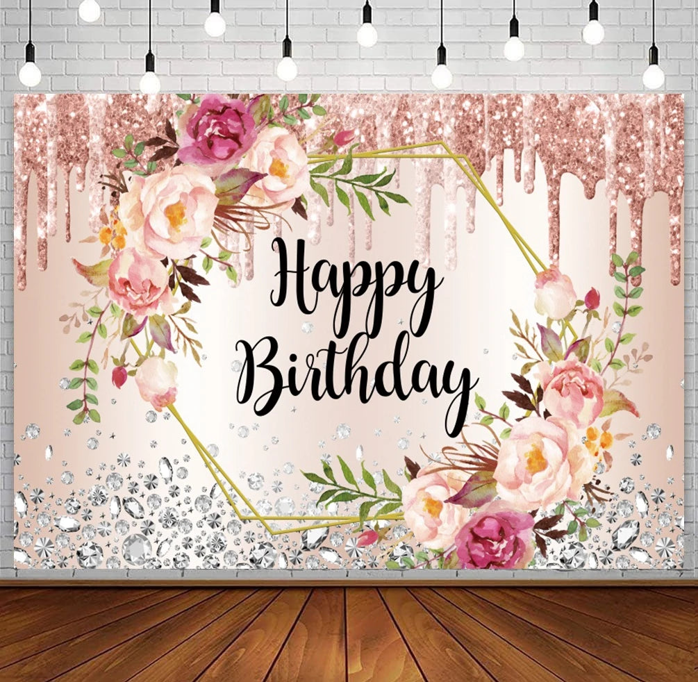 Happy Birthday Backdrop Gold Frame Frame Flower Butterfly Baby Shower Adult Anniversary Birthday Party Photography Background