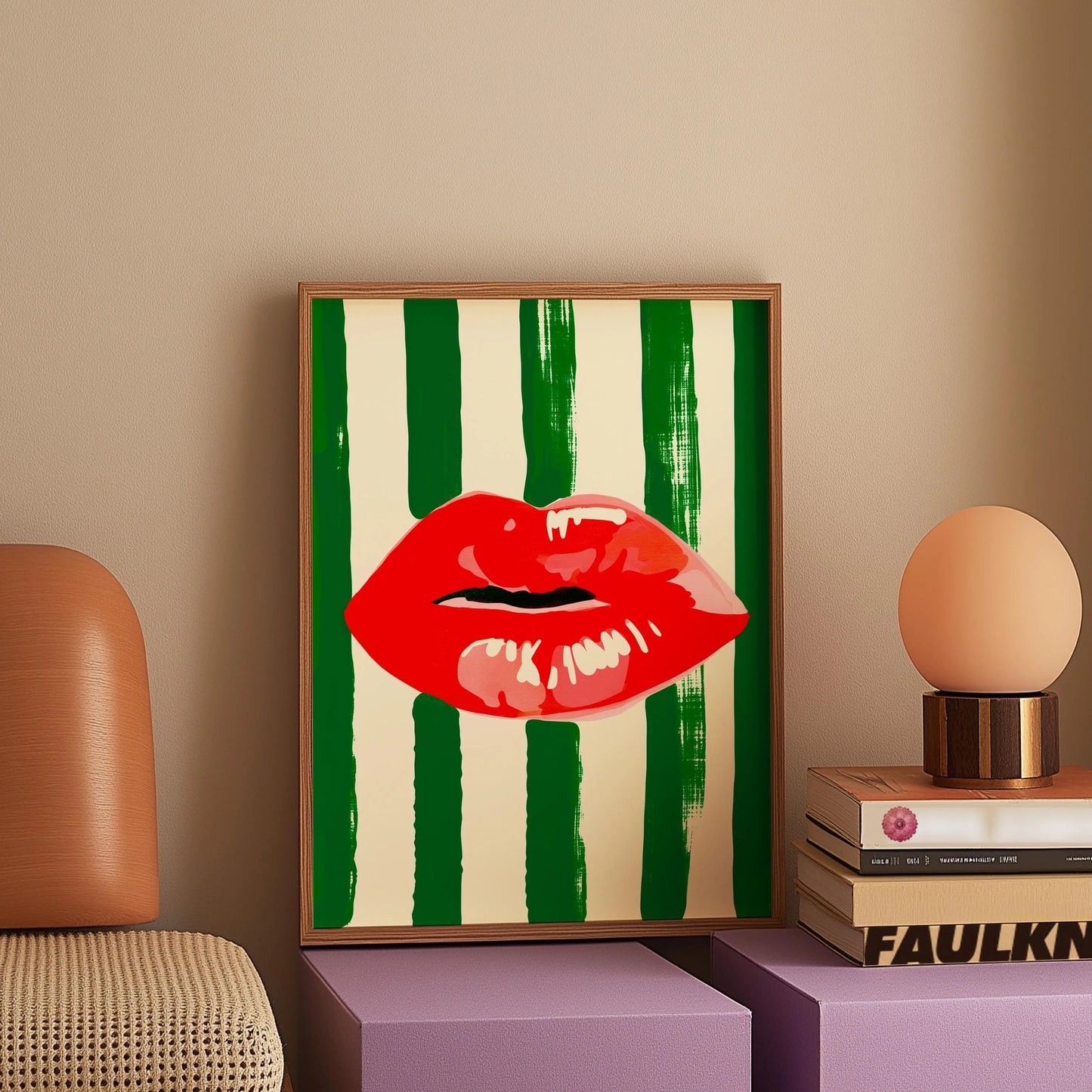 Amore Green Striped Canvas Printing Vino Wine Glass & Pepper Wall Art Poster Modern Living Room Bedroom Kitchen Home Decor Gifts