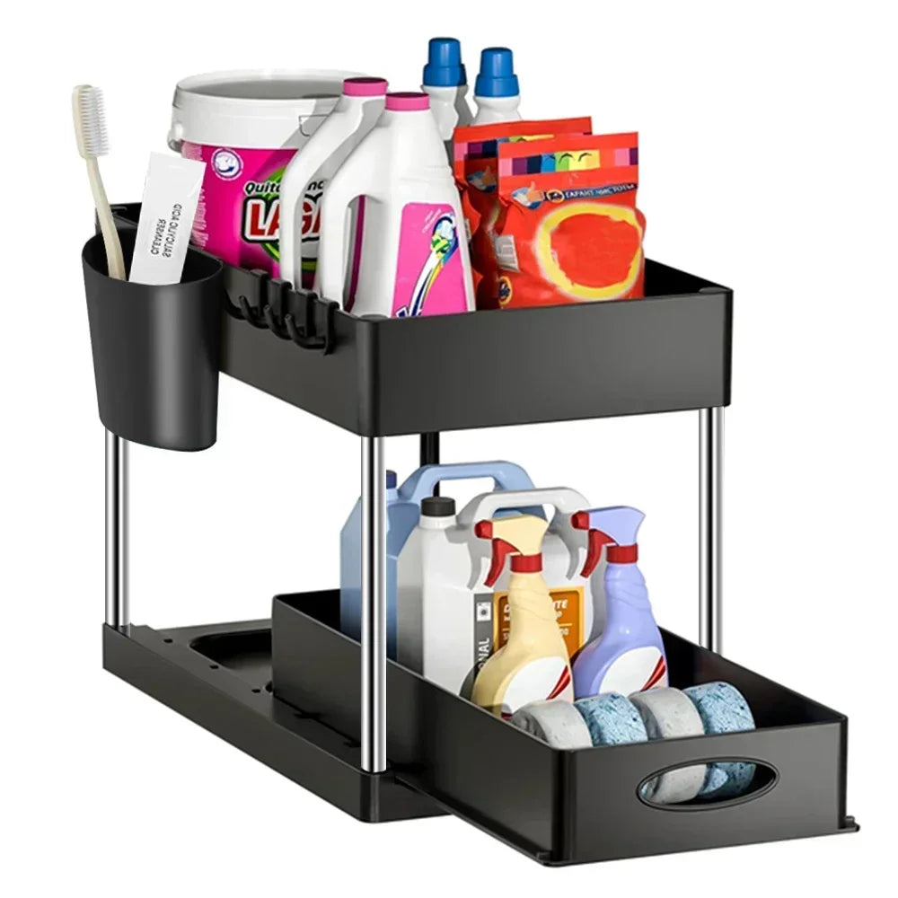 2-Tier Sliding Storage Basket Kitchen Bathroom under Sink Organizer with Multipurpose Shelf Hanging Cup & Hook Accessories