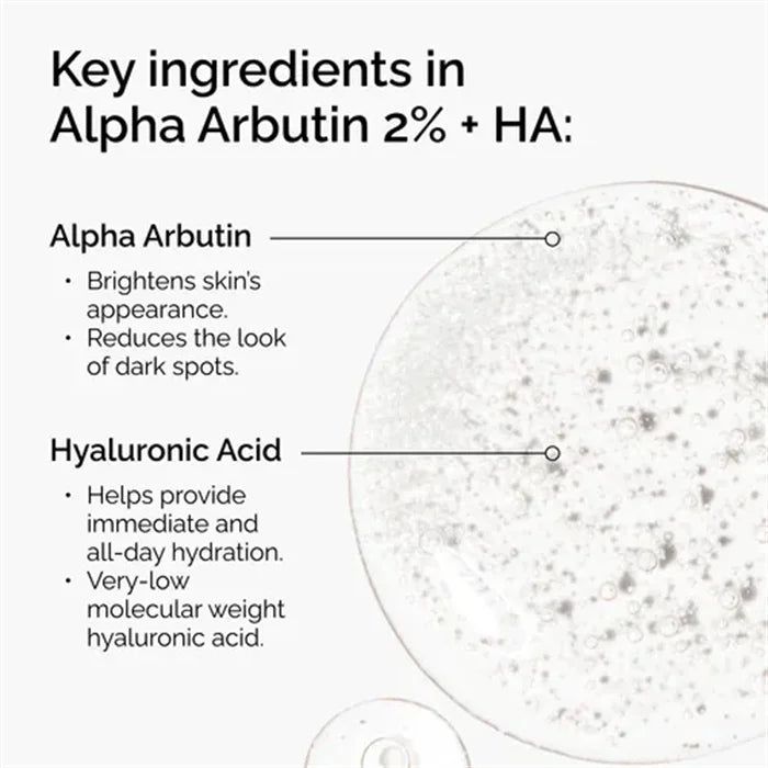 Alpha Arbutin 2% + HA 30ml Serum Minimise The Appearance of Dark Spots and Discolouration Hydrate The Skin
