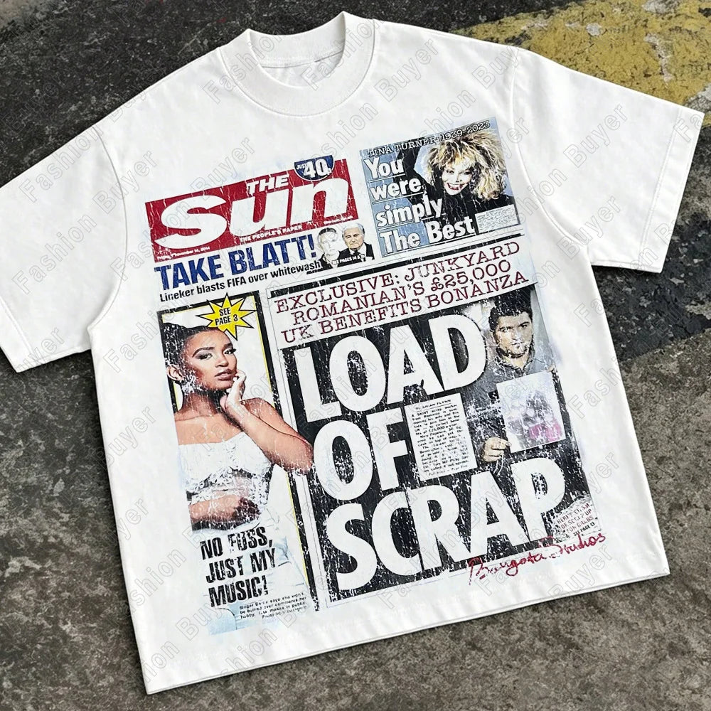 Harajuku American Newspaper Graphic T Shirts Y2k Tops Oversized T Shirt Couple Pro Choice Gothic Streetwear Vintage Men Clothing