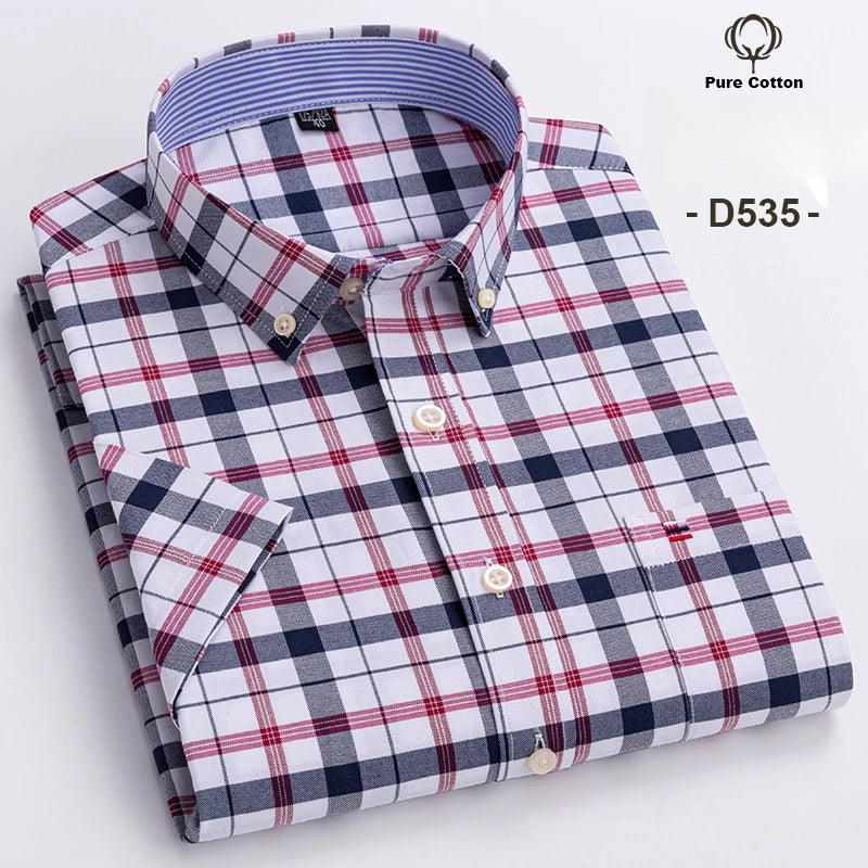 Plus Size 7XL Summer Short Sleeve Shirt 100%Cotton Shirts for Men White Plaid Striped Social Slim Fit Formal Business Clothing