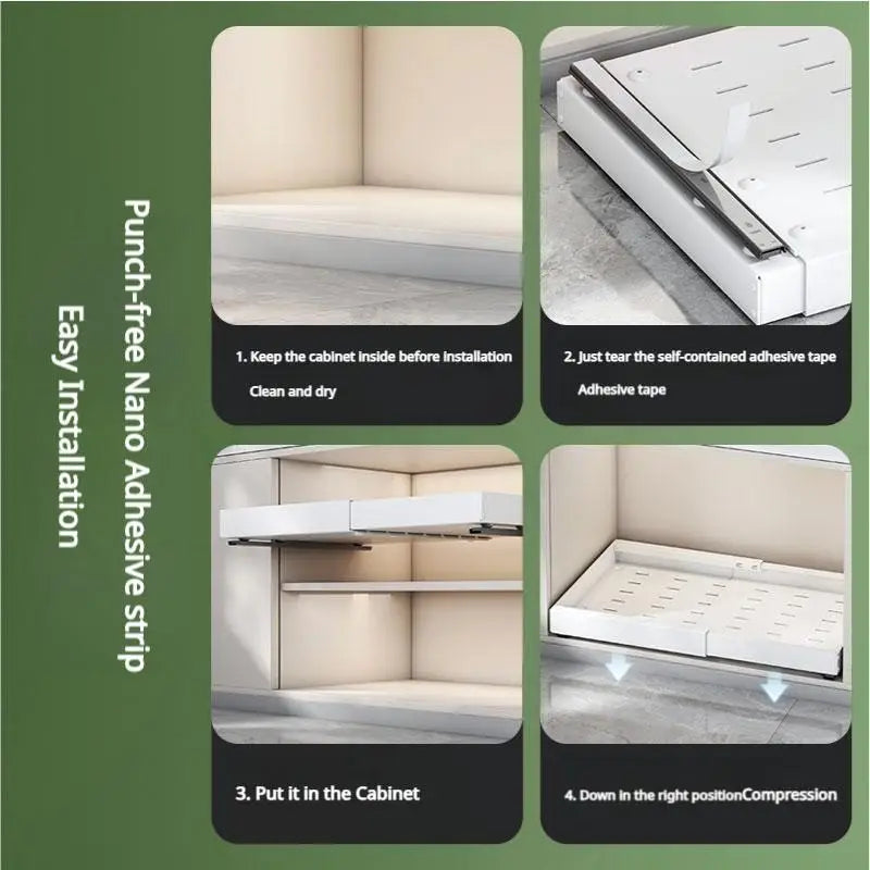 Telescopic Pull Out Cabinet Organizer Heavy Duty Steel Sliding Drawer Shelf No Drill Adhesive Under Sink Storage Basket Slide Out Kitchen Pantry Rack Space Saving Organization