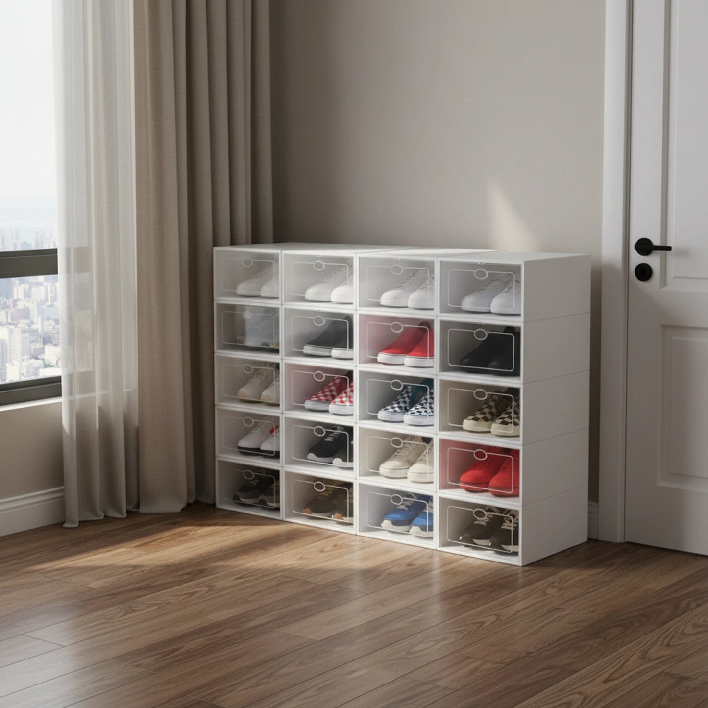 20Pcs Stackable Shoe Storage Box, Foldable Plastic Shoe Organizer with Transparent Door, Dustproof Container for Closet