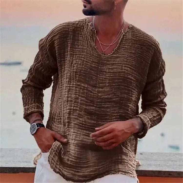 Spring and Summer Men's Viking Style Summer Shirts for Beach Wear Casual Shirts Pure Fake Cup-shaped Long Sleeved V-neck Tops
