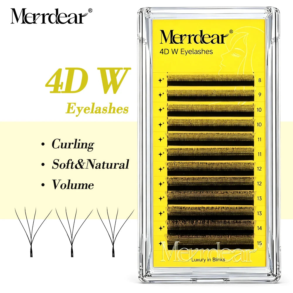 Merrdear 0.07mm/0.10mm W-Shape Eyelash Extension 4D W Lashes 12 Lines/Tray Premade Fan Bloom Effect Eye Lashes for Beauty Makeup