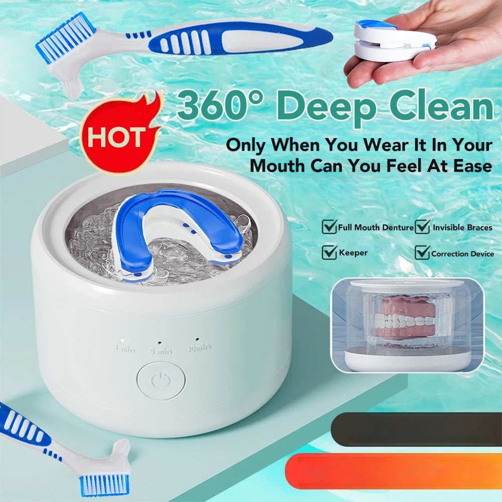 Ultrasonic Cleaner Machine, Automatic Denture Cleaner USB Rechargeable Cleaner with Cleaner, 3 Modes, for All Dental Appliance