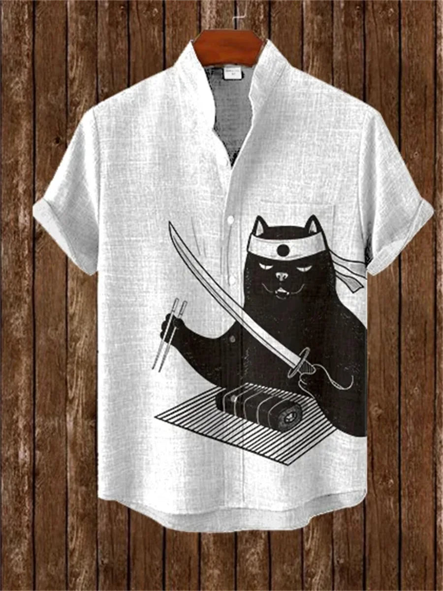 Men's short-sleeved shirt with a fun cat print, stand-up collar, single-breasted casual style. Hawaiian shirt, men's unique top.