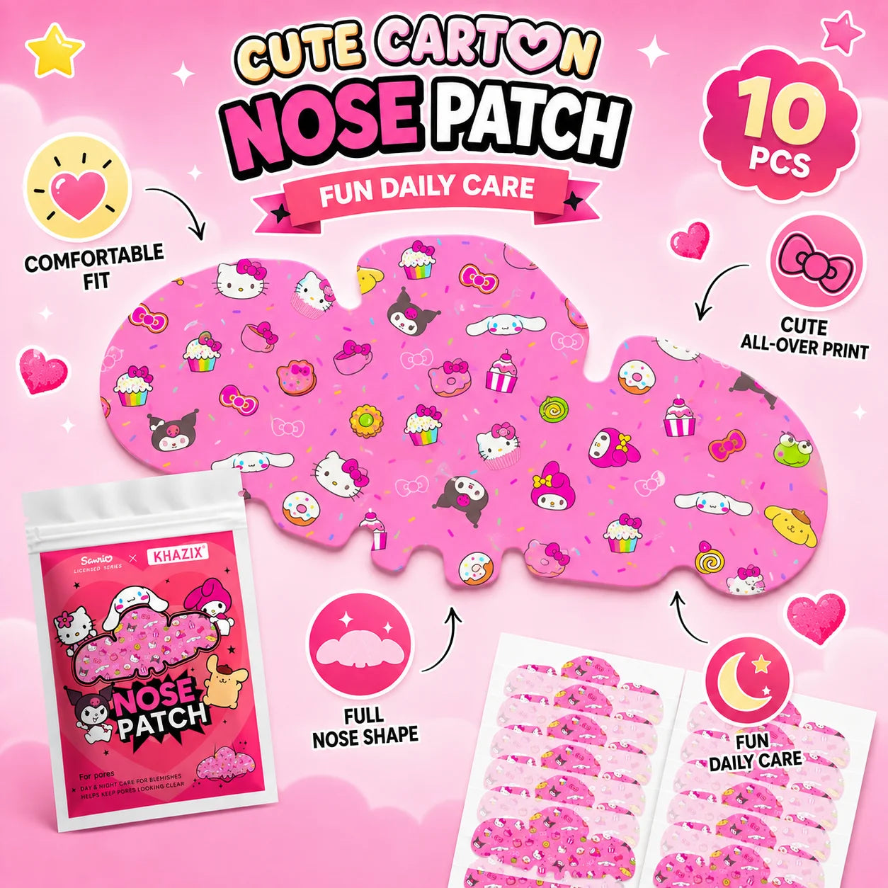 1/10pcs Hello Kitty Nose Pore Strips 10PCS Cute Cartoon Design Nose Stickers Kawaii Beauty Care Gift for Women