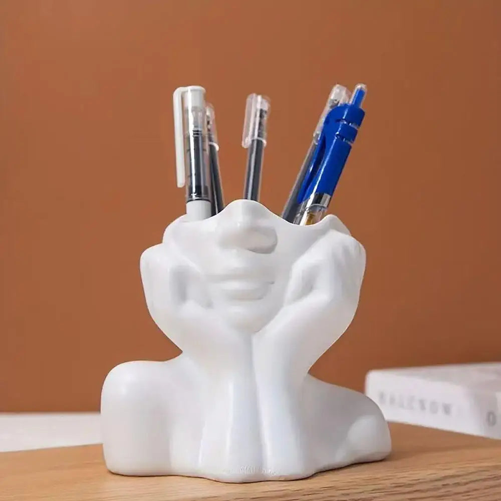 Face Shape Makeup Brush Holder Modern Nordic Flower Vases Makeup Storage Box Half Face Portrait Decor For Home Office Book Shelf
