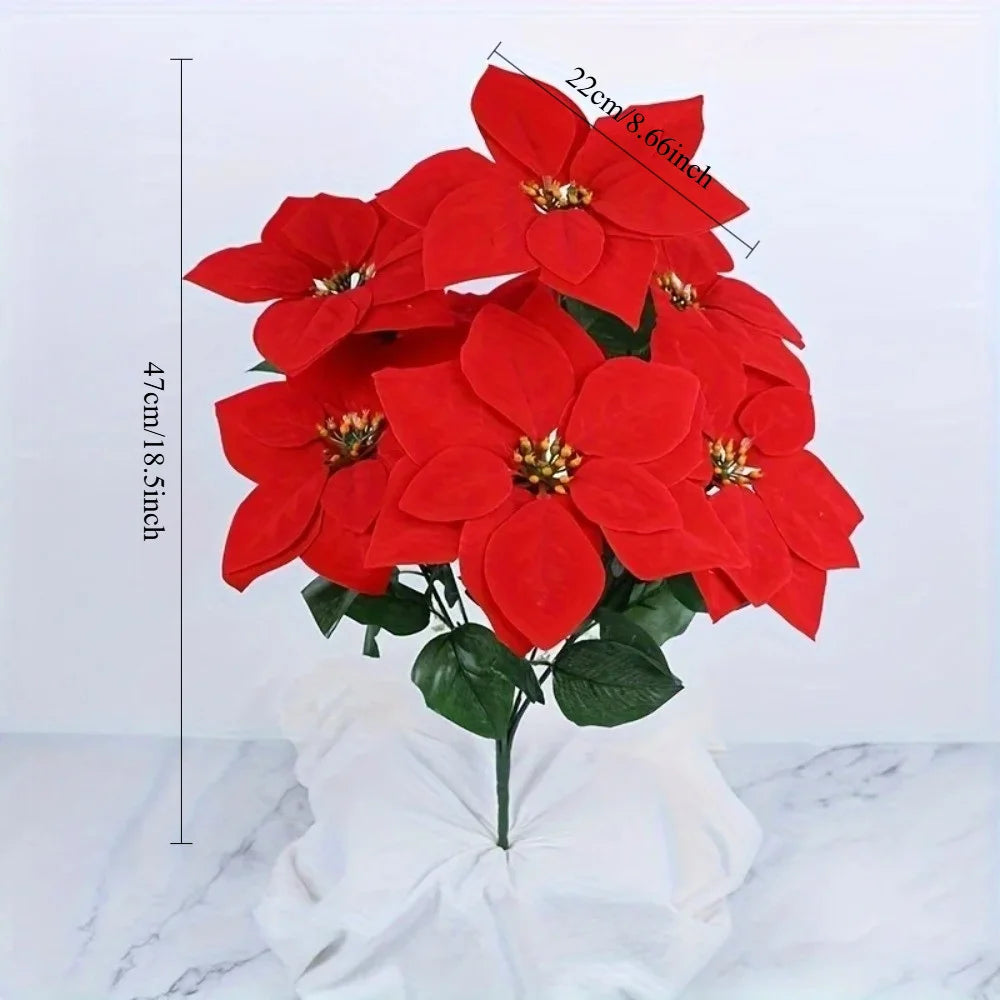 7‑Heads Red Christmas Poinsettia Artificial Flowers, Xmas Home Party Decoration for Holiday Display