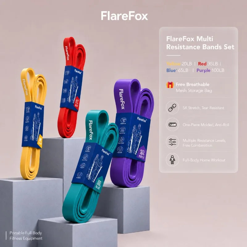FlareFox Multiple Resistance Bands Set Pull-up Assist Straps Strength Agility Training Handy Gym Equipment for Home CrossFit