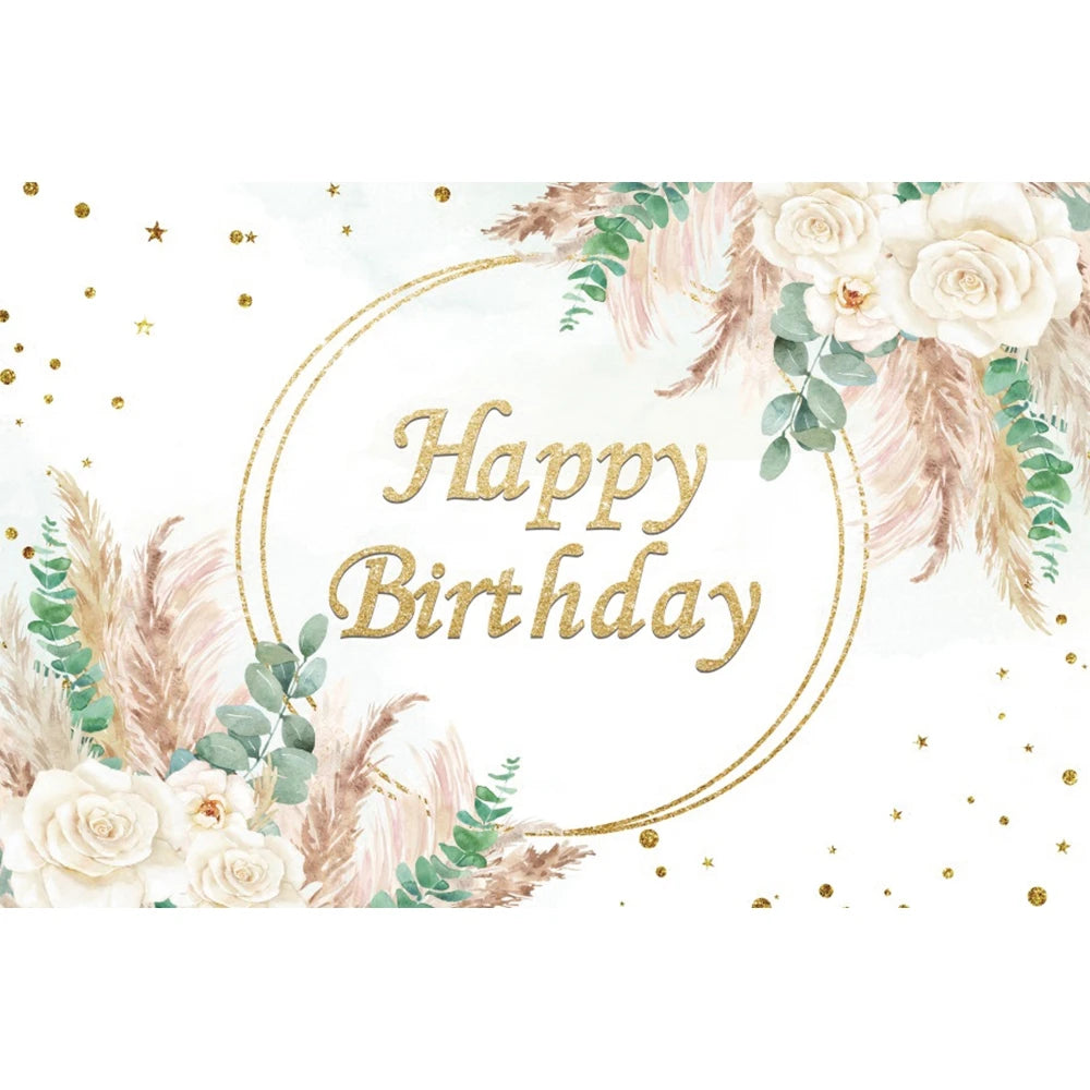 Happy Birthday Backdrop Gold Frame Frame Flower Butterfly Baby Shower Adult Anniversary Birthday Party Photography Background