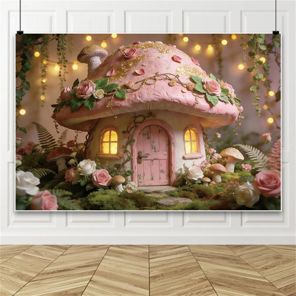 Pink Mushroom House Backdrop Enchanted Fairy Forest Floral Photography Background for Girls Birthday Baby Shower Party Decor