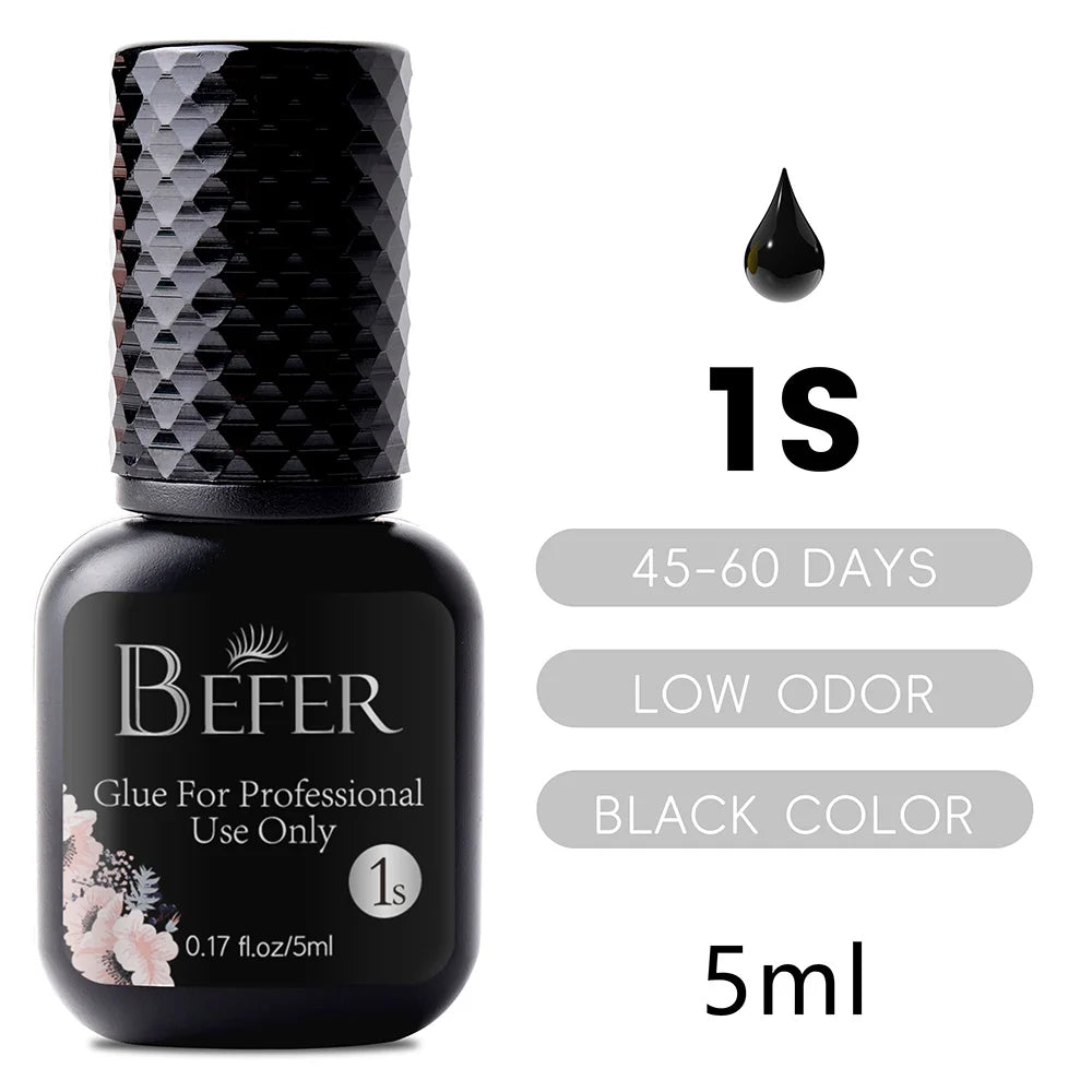 Professional Eyelash Extensions Glue 0.5-1 Sec Fast Drying Black/Clear Color 5ml Lash Glue Low Odor No Irritant Befer Beauty