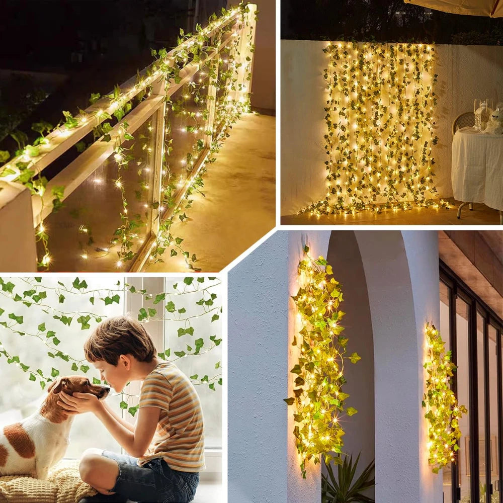 Fairy Lights with Leaves Artificial Ivy with Fairy Lights Green Leaf Ivy Vine with 20/50/100 LED Light Indoor 2/5/10 m for Party