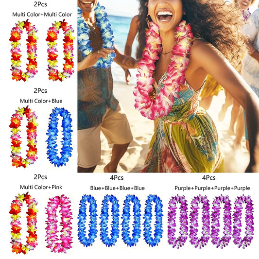 4/2Pcs Blue Hawaiian Leis Hawaiian Luau Party Decoration Colorful Tropical Hawaiian Silk Flower Leis Necklace Summer Beach Decor